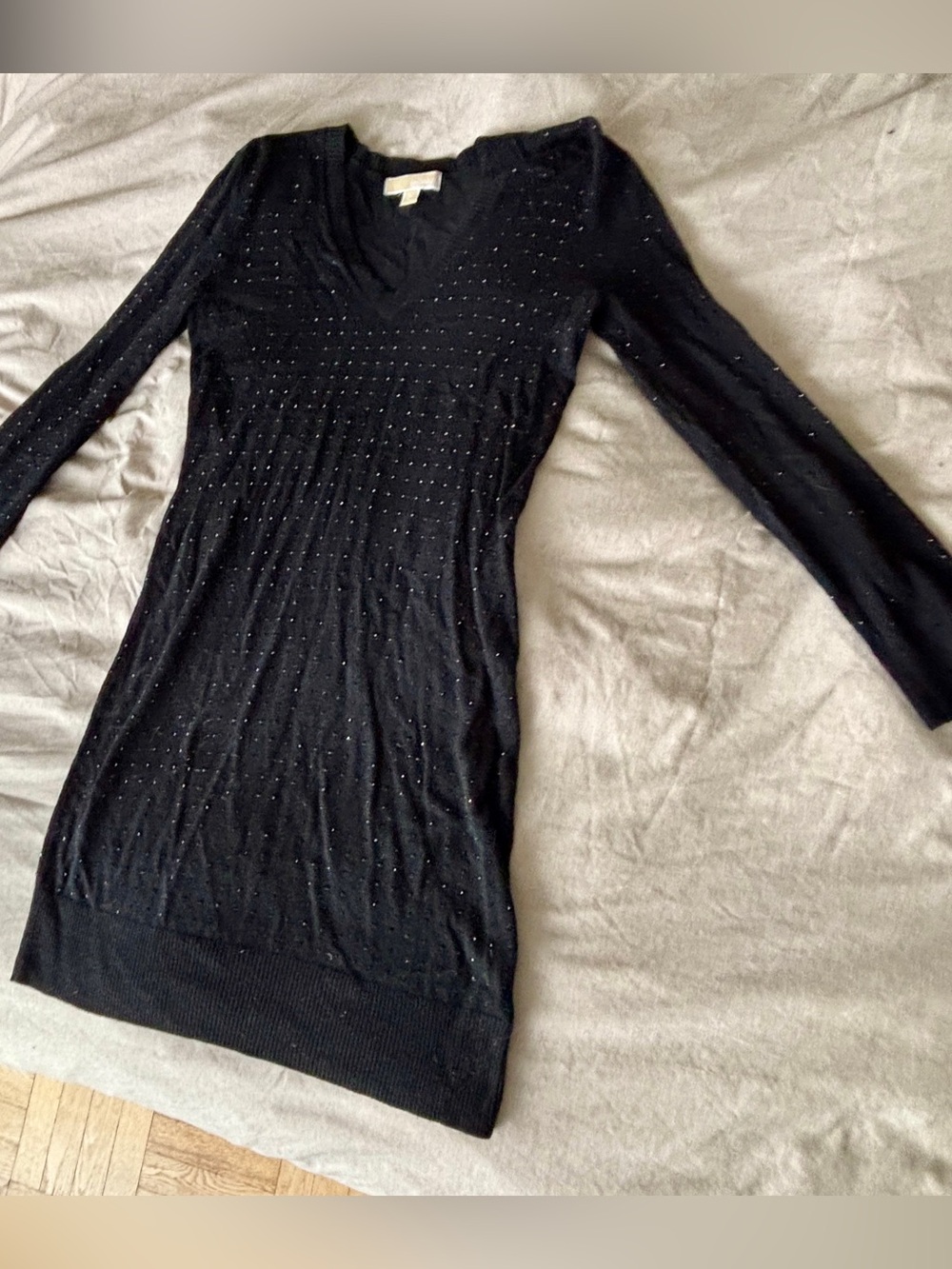 Michael Kors V-Neck Knit Sweater Dress with Subtle Crystal Stud Detail